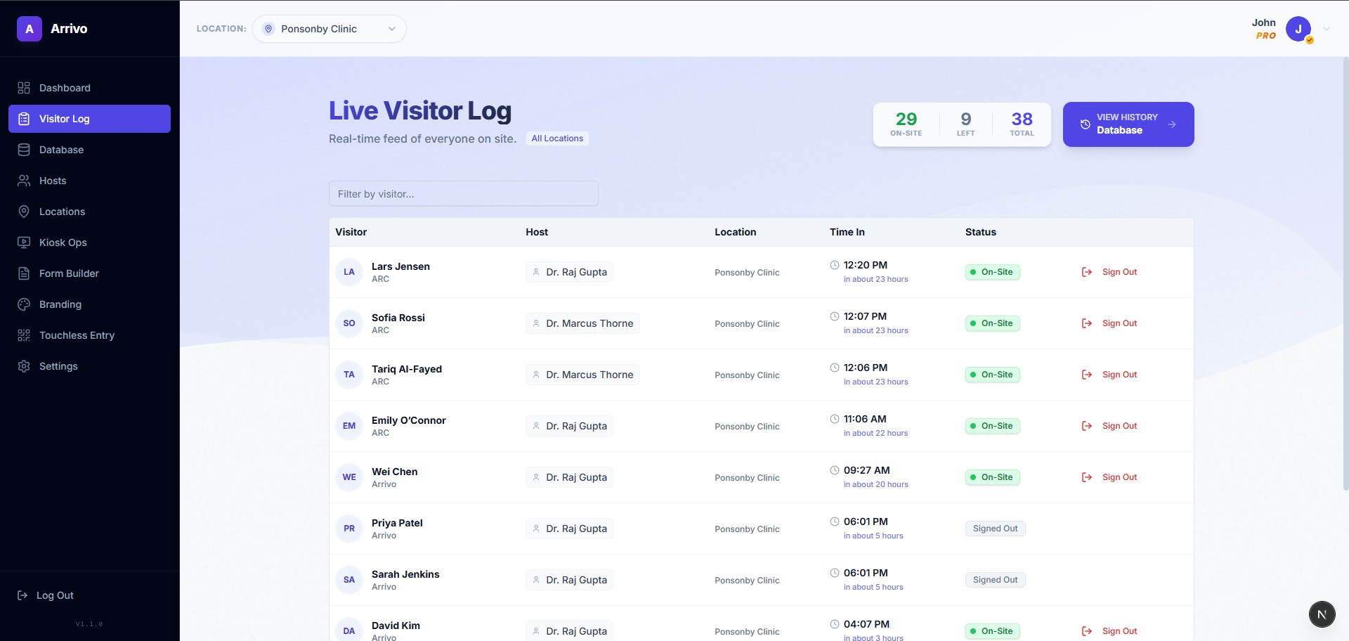 Visitor log on a monitor